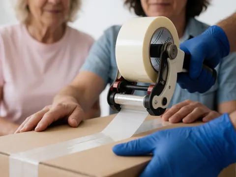 Des mains gantées de bleu appliquent du ruban adhésif sur une boîte en carton, aidées par d'autres mains pour la maintenir.