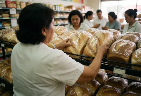 Une femme adulte place des pains emballés sur les rayons d'une boulangerie ou d'un minimarket.