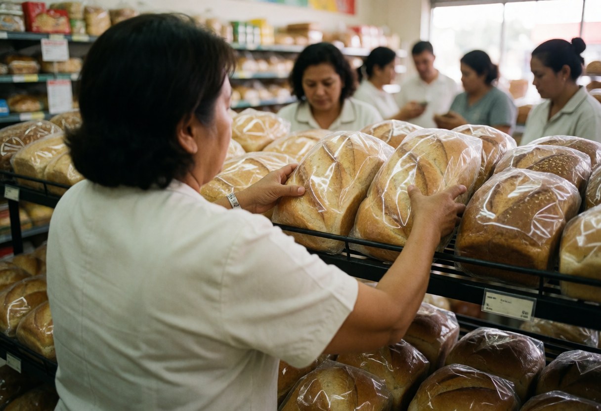 Une femme adulte place des pains emballés sur les rayons d'une boulangerie ou d'un minimarket.