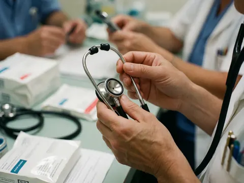 Un médecin ajuste son stéthoscope sur une table de consultation, avec des documents et un autre stéthoscope en arrière-plan.
