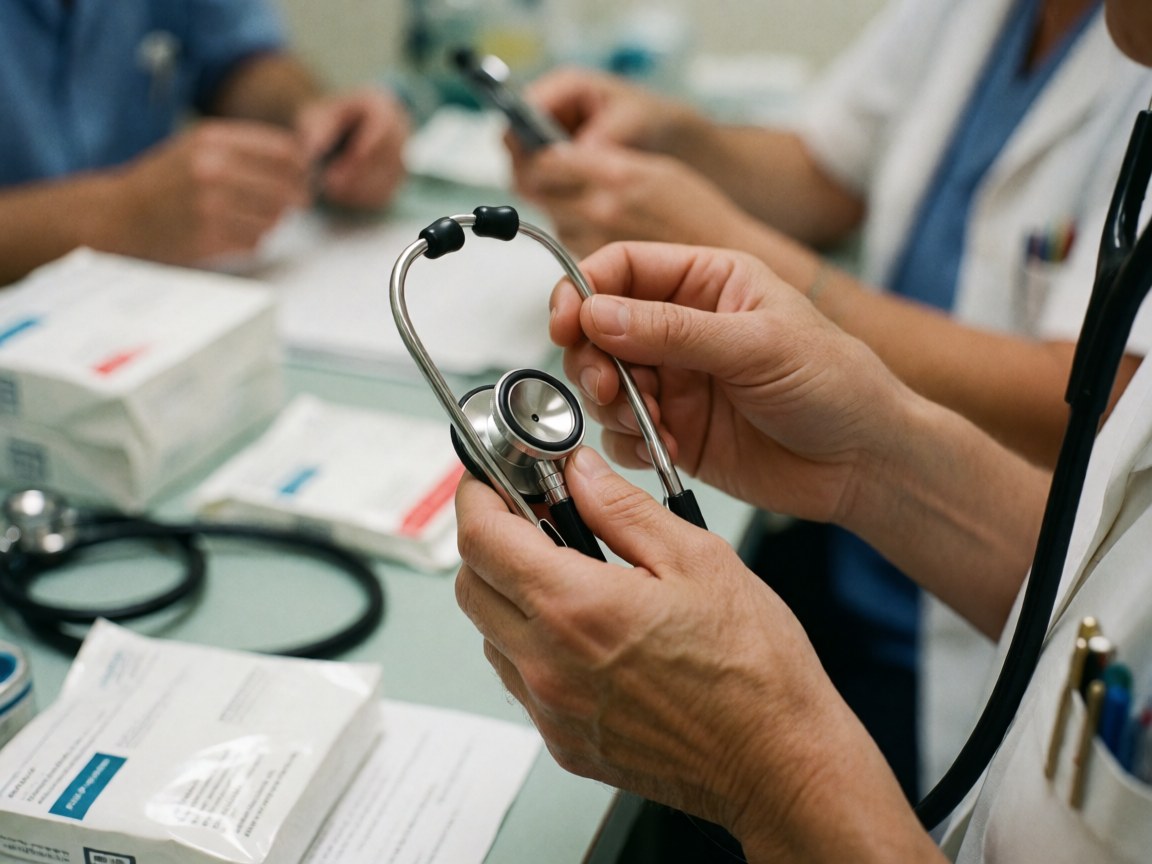 Un médecin ajuste son stéthoscope sur une table de consultation, avec des documents et un autre stéthoscope en arrière-plan.