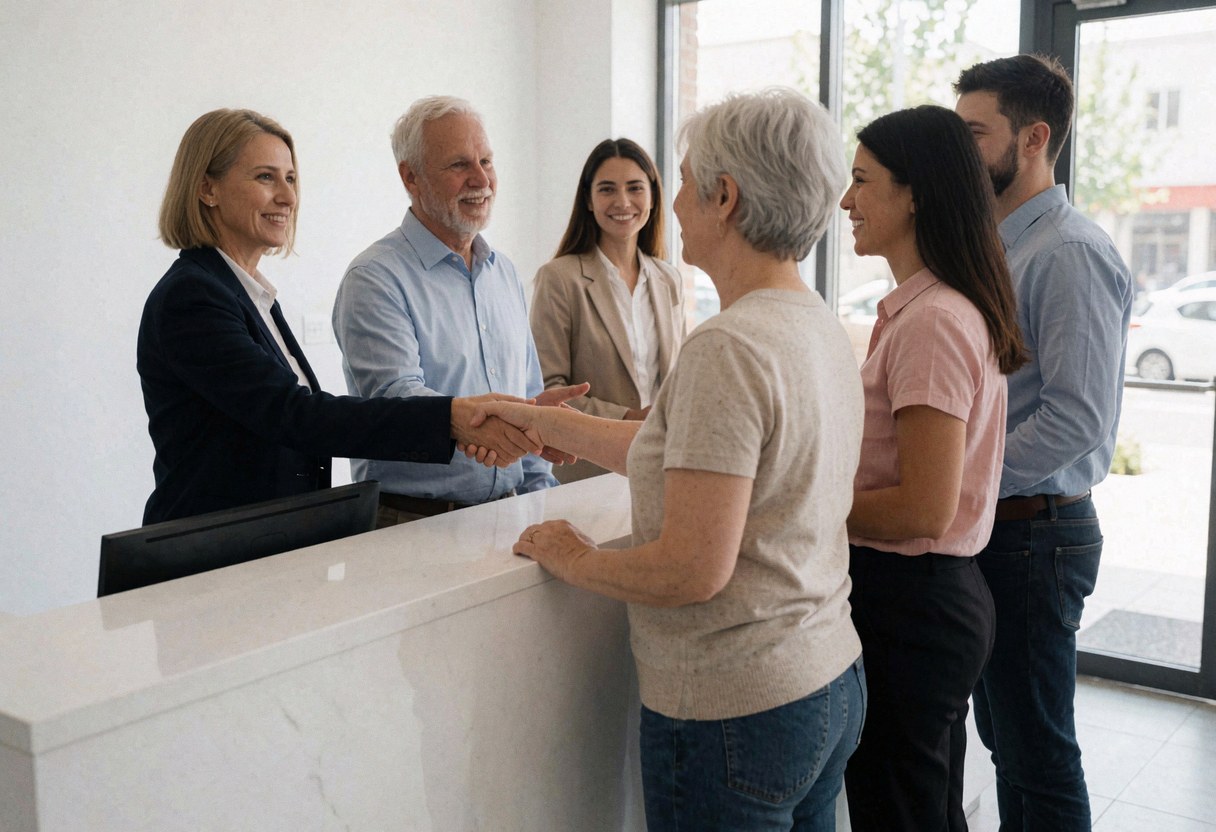 Une conseillère sourit en serrant la main d'une cliente dans une réception moderne avec du personnel en arrière-plan.