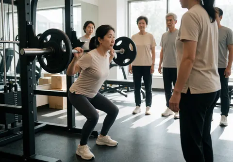 Une femme senior réalise un squat avec une barre dans un gymnase, observée par d'autres adultes.