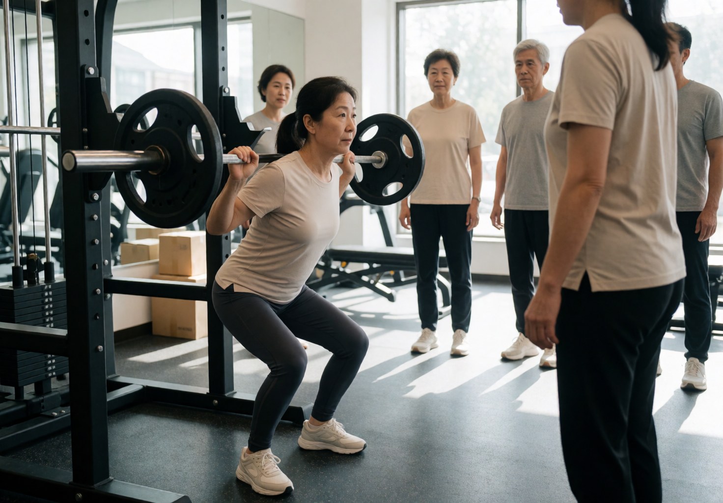 Une femme senior réalise un squat avec une barre dans un gymnase, observée par d'autres adultes.