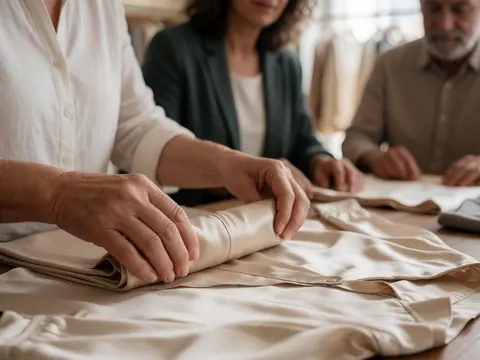 Des mains plient une chemise beige sur une table dans un magasin de vêtements, avec des collègues travaillant en arrière-plan.