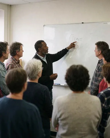 Un formateur désigne un tableau blanc pendant qu'un groupe d'adultes observe attentivement lors d'une session de formation professionnelle en présentiel.