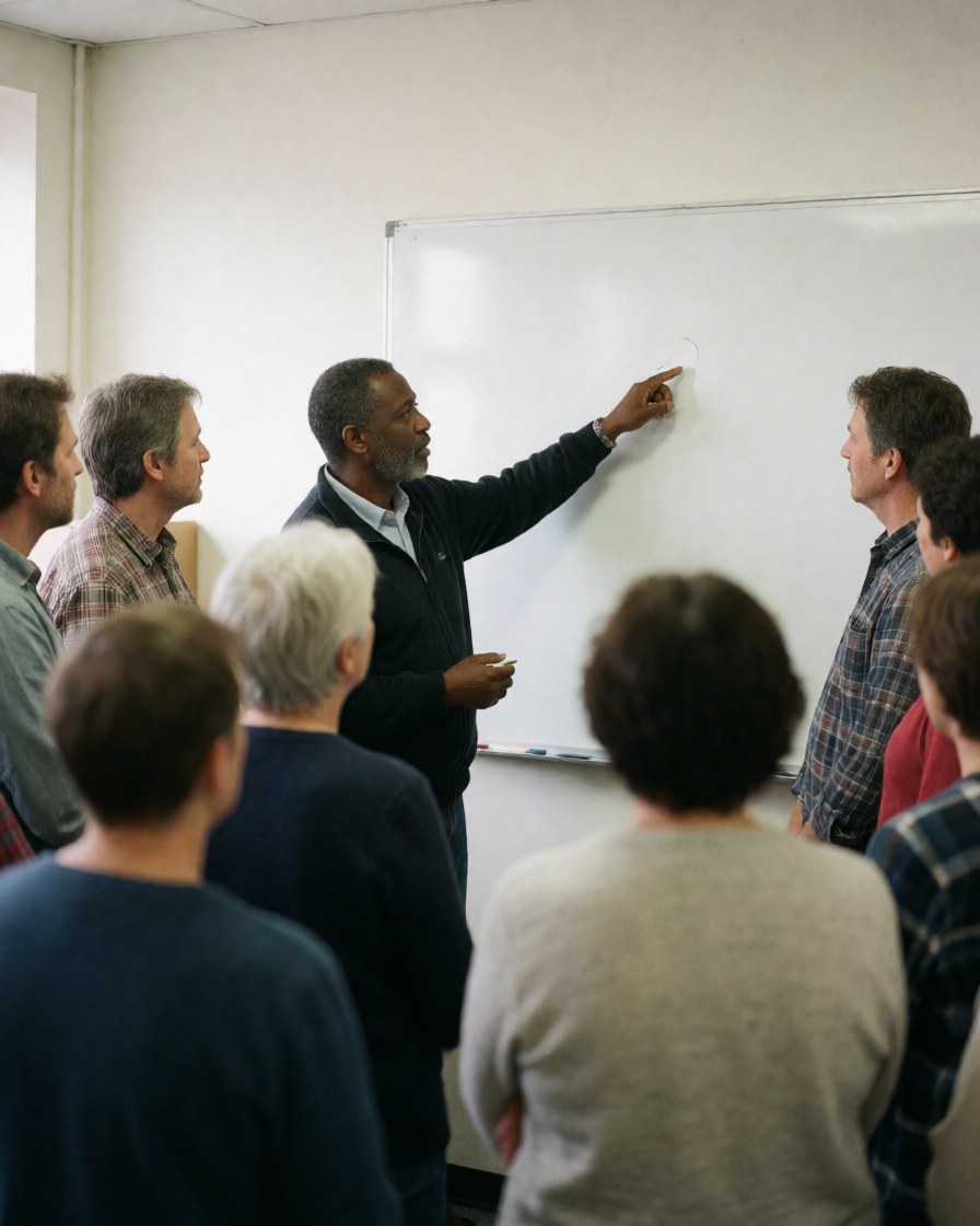 Un formateur désigne un tableau blanc pendant qu'un groupe d'adultes observe attentivement lors d'une session de formation professionnelle en présentiel.