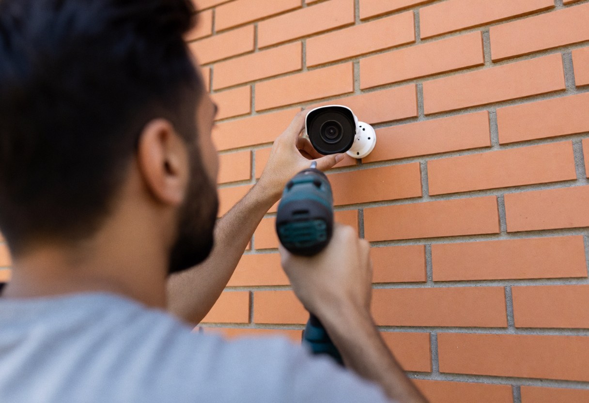Un homme installe une caméra de surveillance sur un mur en briques à l'aide d'une perceuse électrique.
