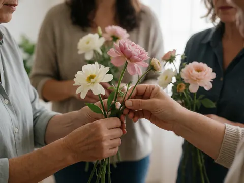Des mains d'adultes composent un arrangement floral avec des roses blanches et roses dans un studio.