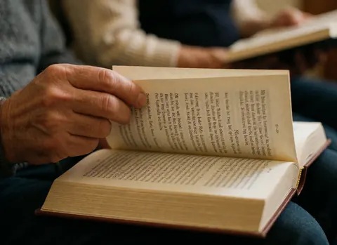 Une main tient un livre ouvert dont les pages sont remplies de texte, dans un intérieur calme propice à la lecture.