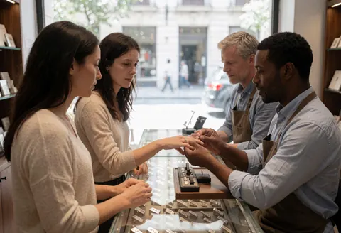 Une cliente mesure un anille dans une bijouterie tandis que deux employés la conseillent attentivement.