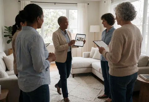 Une agente immobilière montre un bien immobilier à des clients dans un salon moderne.
