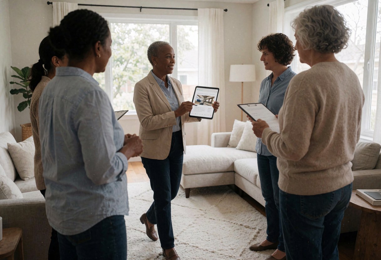 Une agente immobilière montre un bien immobilier à des clients dans un salon moderne.