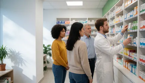 Un pharmacien en blouse blanche conseille trois clients devant des rayonnages de médicaments dans une pharmacie bien éclairée.