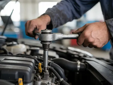 Un mécanicien ajuste un boulon sur le moteur d'une voiture à l'aide d'une clé dynamométrique dans un atelier de réparation automobile.