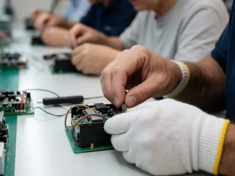 Des mains gantées d'opérateurs effectuent un montage de précision sur une carte de circuit imprimé dans un environnement industriel manufacturier.