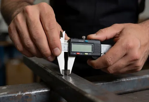 Une main utilisant un pied à coulisse numérique pour mesurer une pièce métallique dans un atelier.