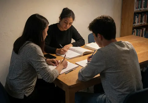 Jeunes assis à une table en bois dans une bibliothèque, écrivant dans des cahiers et sur des livres ouverts.
