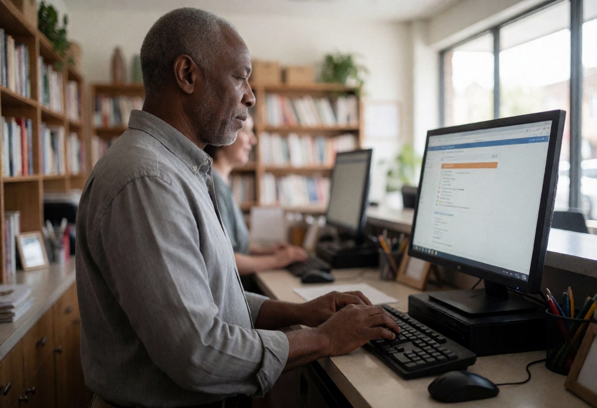 Un homme adulte travaille à son bureau dans un bureau avec des étagères de livres, utilisant un ordinateur.
