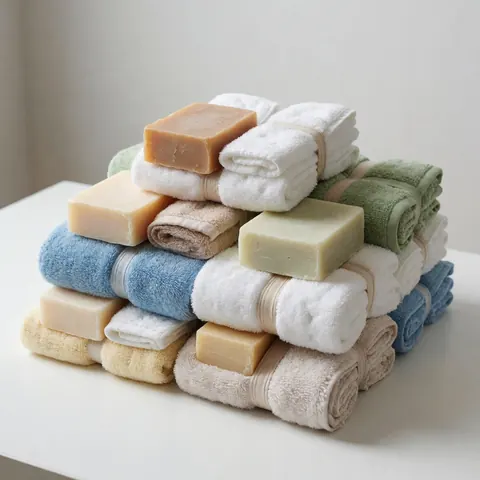 Une pile ordonnée de serviettes de couleurs variées et de savons naturels disposée sur une surface blanche, évoquant l'hygiène et le bien-être.