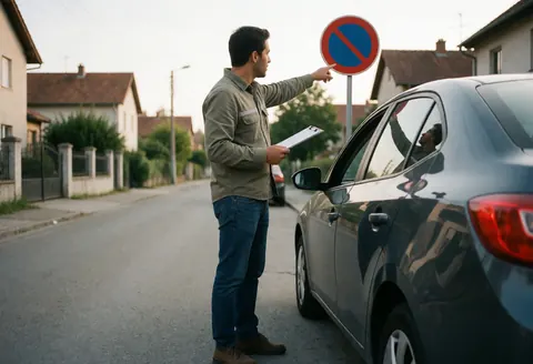 Un instructeur explique une signalisation routière à un élève dans une voiture garée sur la rue.