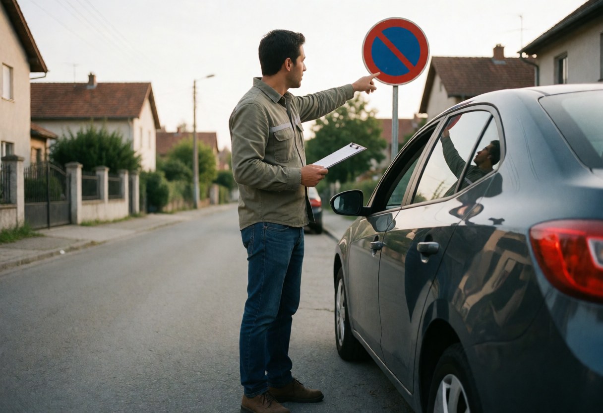 Un instructeur explique une signalisation routière à un élève dans une voiture garée sur la rue.