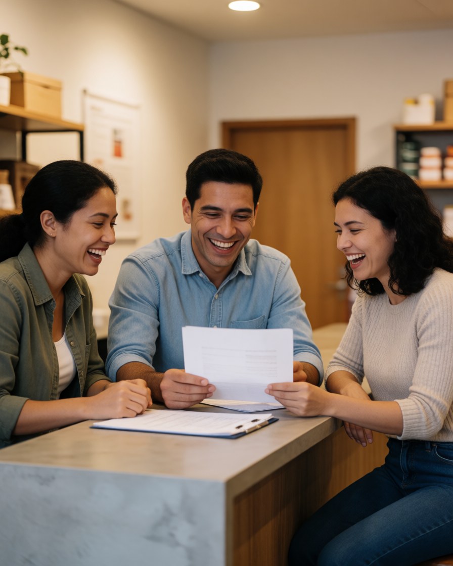 Trois individus souriants vérifient des papiers sur une table dans un bureau moderne.