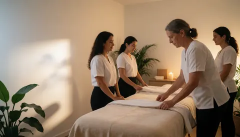 Quatre thérapeutes préparent un lit de massage avec des serviettes blanches dans un spa lumineux entouré de plantes.