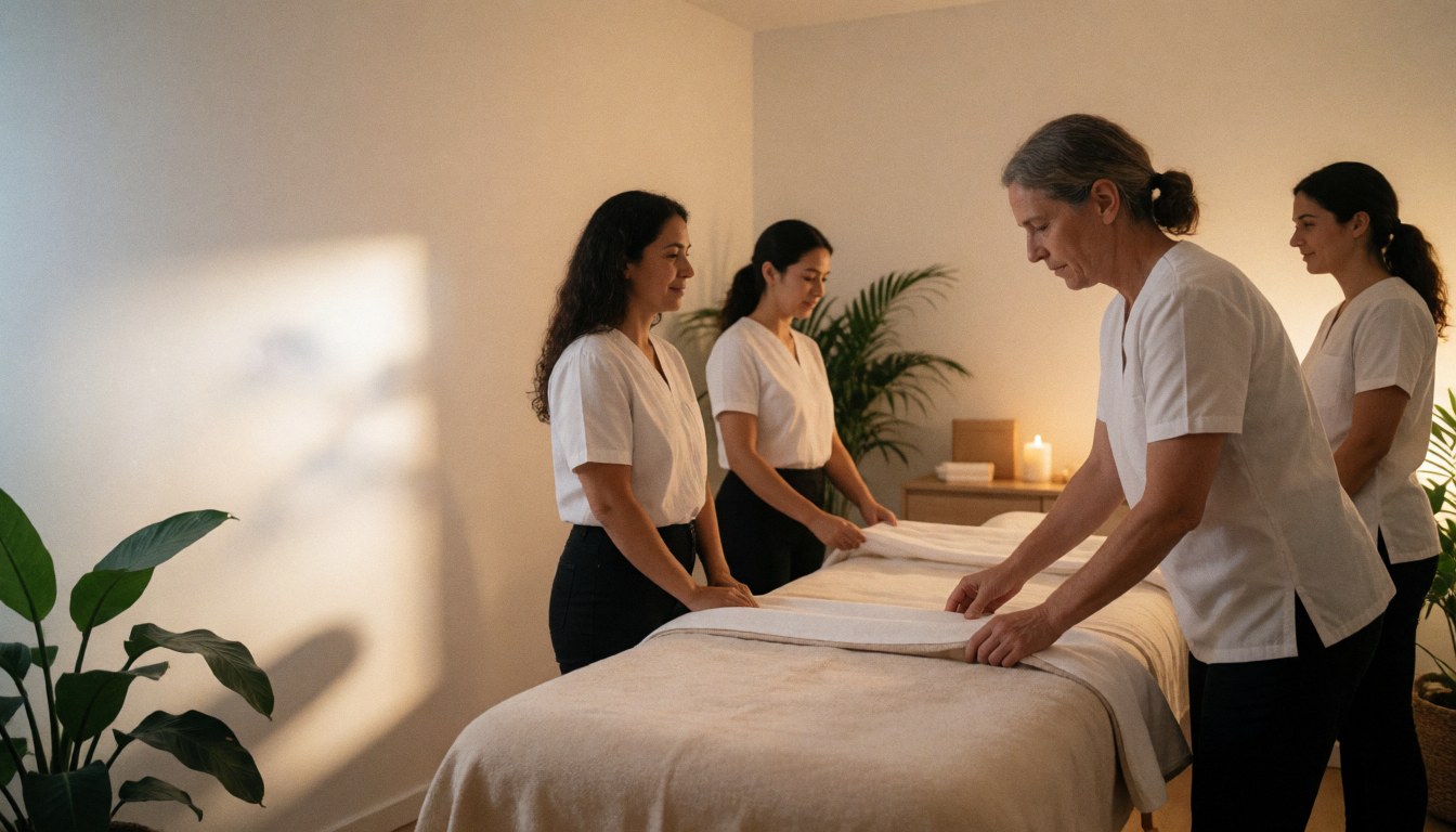 Quatre thérapeutes préparent un lit de massage avec des serviettes blanches dans un spa lumineux entouré de plantes.