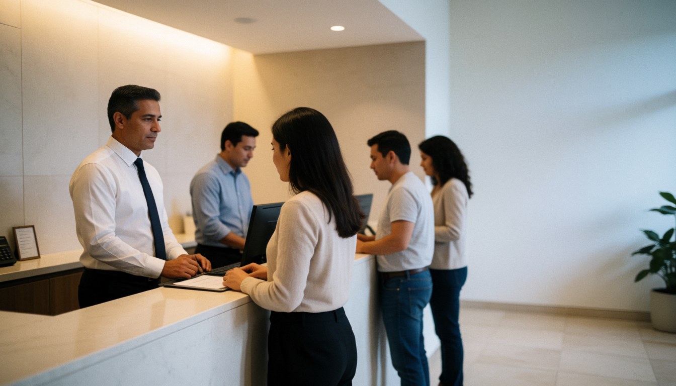 Employés de réception servant des clients devant un comptoir dans un bureau moderne avec ordinateur.