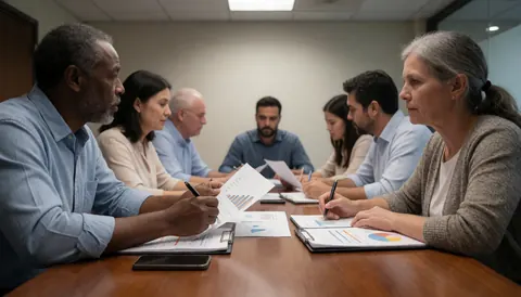 Des professionnels lors d'une réunion de bureau analysant des graphiques et des documents financiers sur une table en bois.