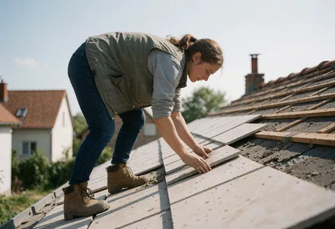 Une jeune femme pose des tuiles grises sur un toit en cours de construction avec des maisons et des arbres en arrière-plan.