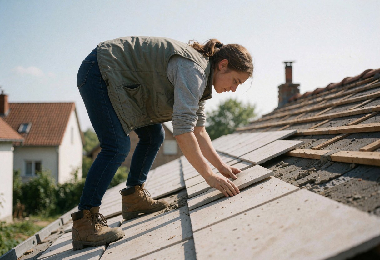 Une jeune femme pose des tuiles grises sur un toit en cours de construction avec des maisons et des arbres en arrière-plan.