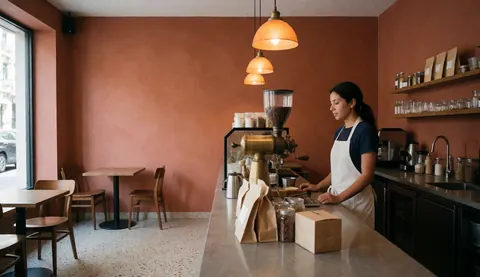 Une barista en tablier blanc prépare du café en utilisant un moulin à café derrière le comptoir d'un établissement moderne.