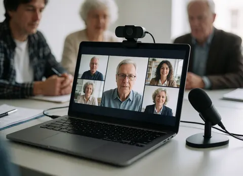 Une équipe professionnelle participe à une visioconférence autour d'un écran central affichant cinq participants, dans un cadre de bureau moderne.