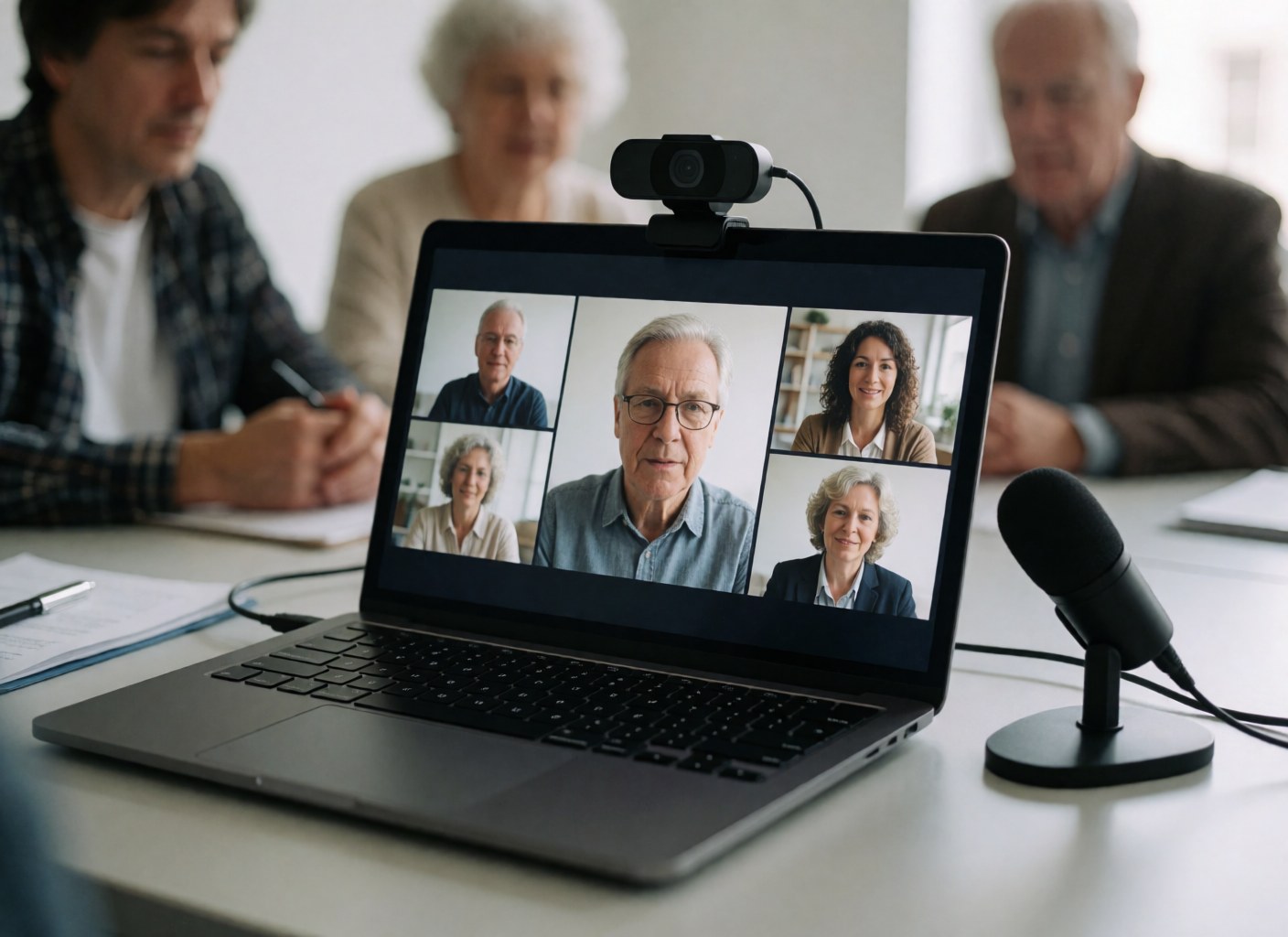 Une équipe professionnelle participe à une visioconférence autour d'un écran central affichant cinq participants, dans un cadre de bureau moderne.