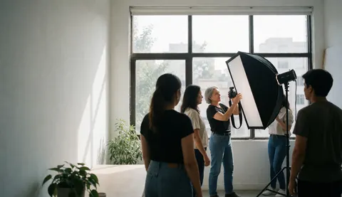 Une photographe tenant un réflecteur et un appareil photo dirige son équipe dans un studio baigné de lumière naturelle.