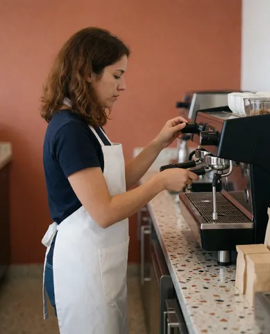 Une barista en tablier blanc prépare du café avec une machine expresso dans un café.