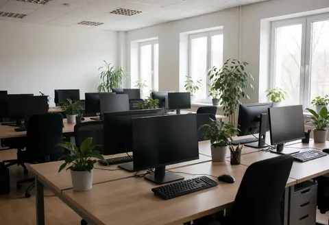 Vue d'un bureau moderne et vide équipé de bureaux, moniteurs, claviers et chaises, avec des plantes posées sur le rebord des fenêtres.