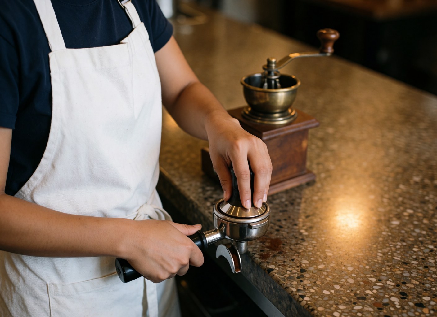 Un barista en tablier blanc tasse du café fraîchement moulu dans un porte-filtre d'espresso sur un plan de travail en terrazzo.