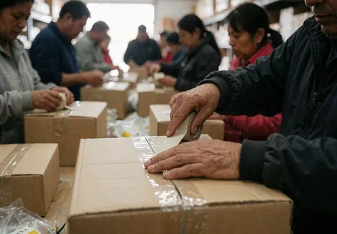 Gros plan sur des mains utilisant du ruban adhésif pour fermer des boîtes en carton dans un entrepôt logistique.