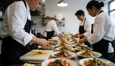 Des cuisiniers travaillent en équipe dans une cuisine professionnelle pour préparer des plats de banquet, utilisant divers ustensiles sur des tables de travail.
