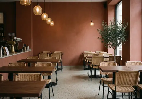 Vue intérieure d'une cafétéria déserte présentant des tables en bois et des chaises en osier sous l'éclairage de suspensions, près d'une fenêtre donnant sur un arbre.