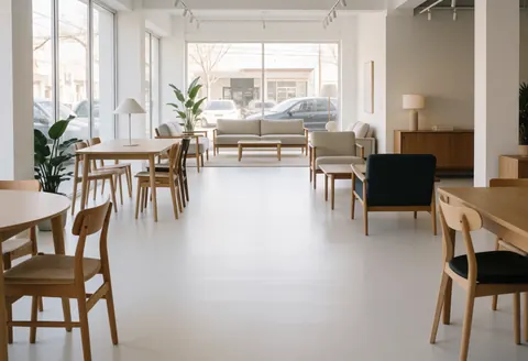 Vitrine et intérieur d'un magasin de meubles modernes exposant des tables, chaises et canapés en bois et tissu dans un espace lumineux et aéré.