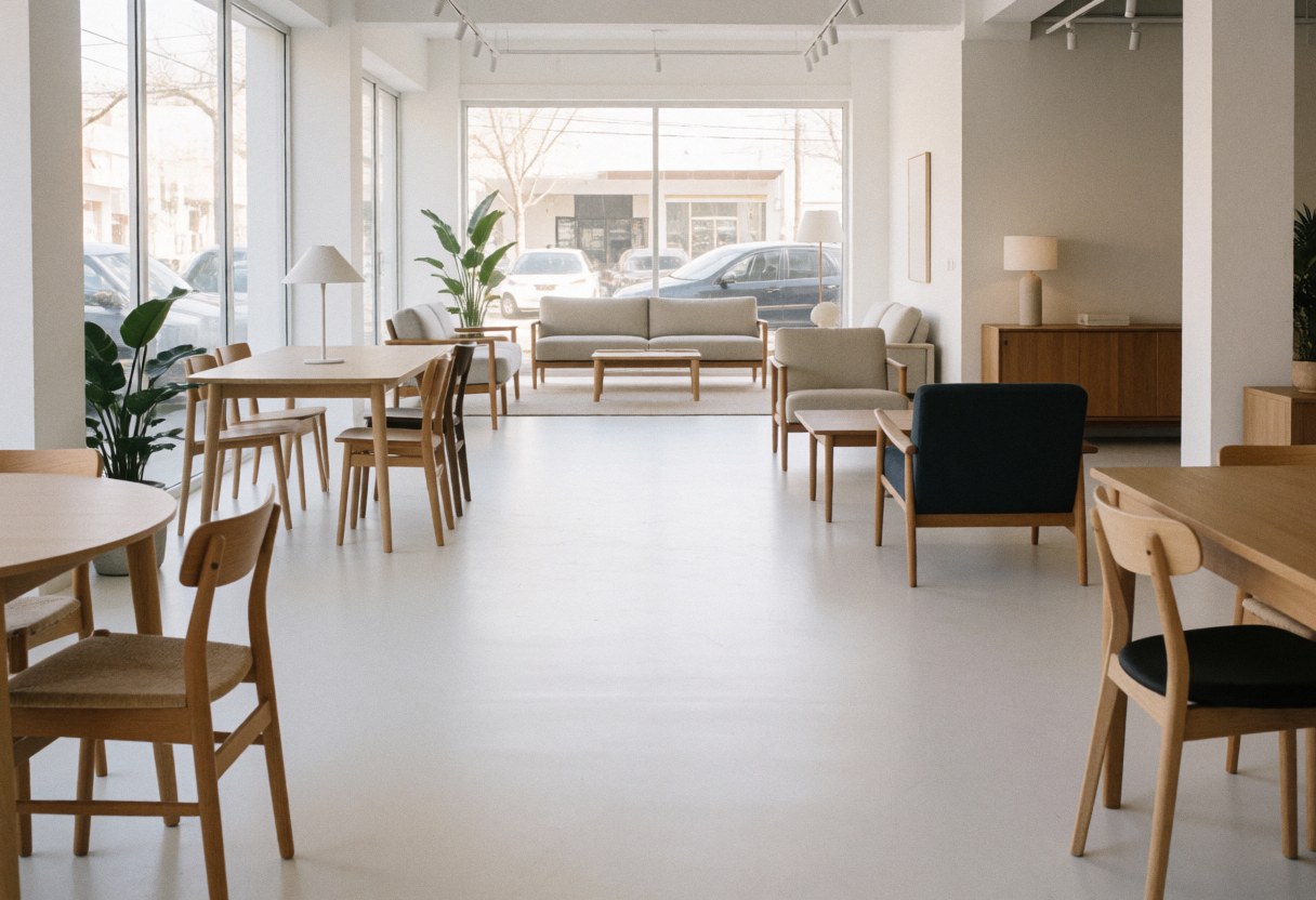 Vitrine et intérieur d'un magasin de meubles modernes exposant des tables, chaises et canapés en bois et tissu dans un espace lumineux et aéré.