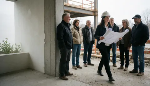 Une architecte en casque explique des détails de construction à un groupe de personnes sur un chantier en cours.