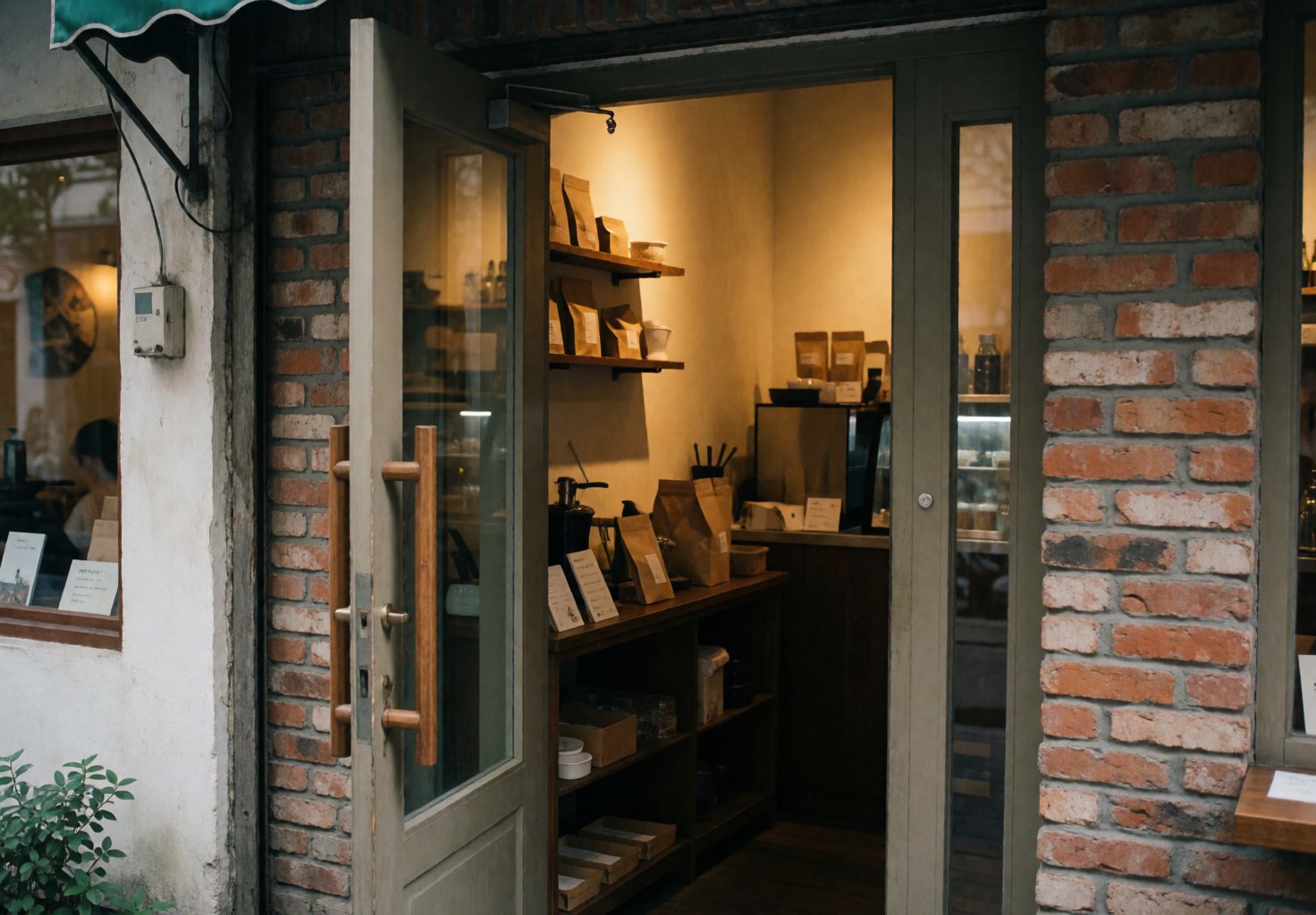 Vue de l'entrée d'un café avec un mur de briques, une porte vitrée ouverte et des étagères remplies de produits à l'intérieur.