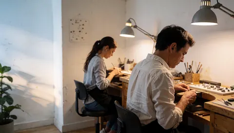 Deux artisans utilisent des outils sur des tables de travail dans un atelier de joaillerie bien éclairé.