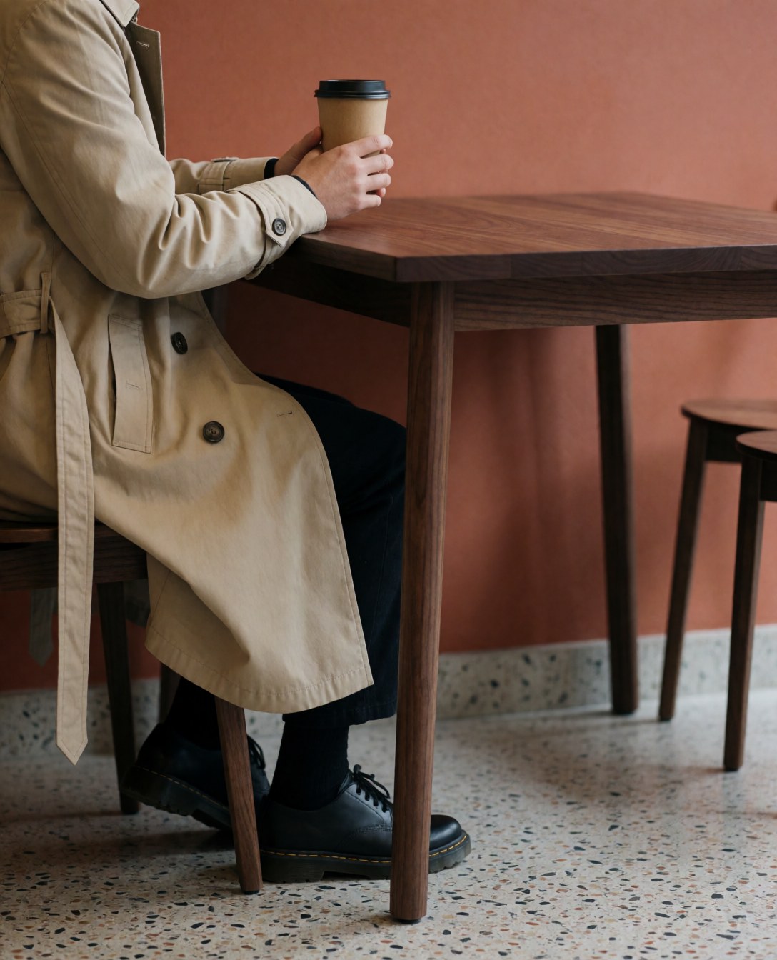 Un homme adulte assis à une table en bois dans un café, tenant une tasse de café entre ses mains.