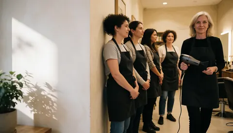 Quatre coiffeuses dans un salon, l'une utilise un sèche-cheveux tandis que les autres se tiennent debout alignées.